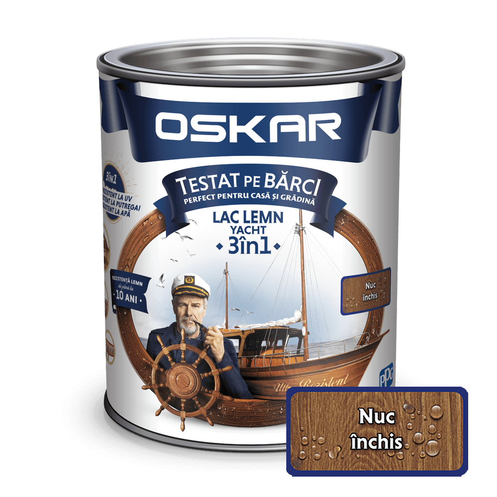 Lac pentru lemn Oskar Yacht, nuc inchis, interior/exterior, 2.5 L