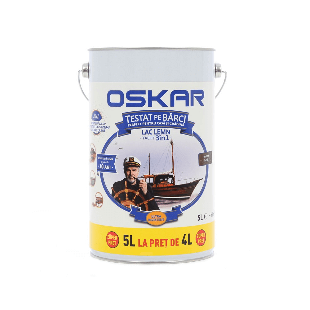 Lac pentru lemn Oskar Yacht 3 in 1, mahon inchis, interior / exterior, 5 l