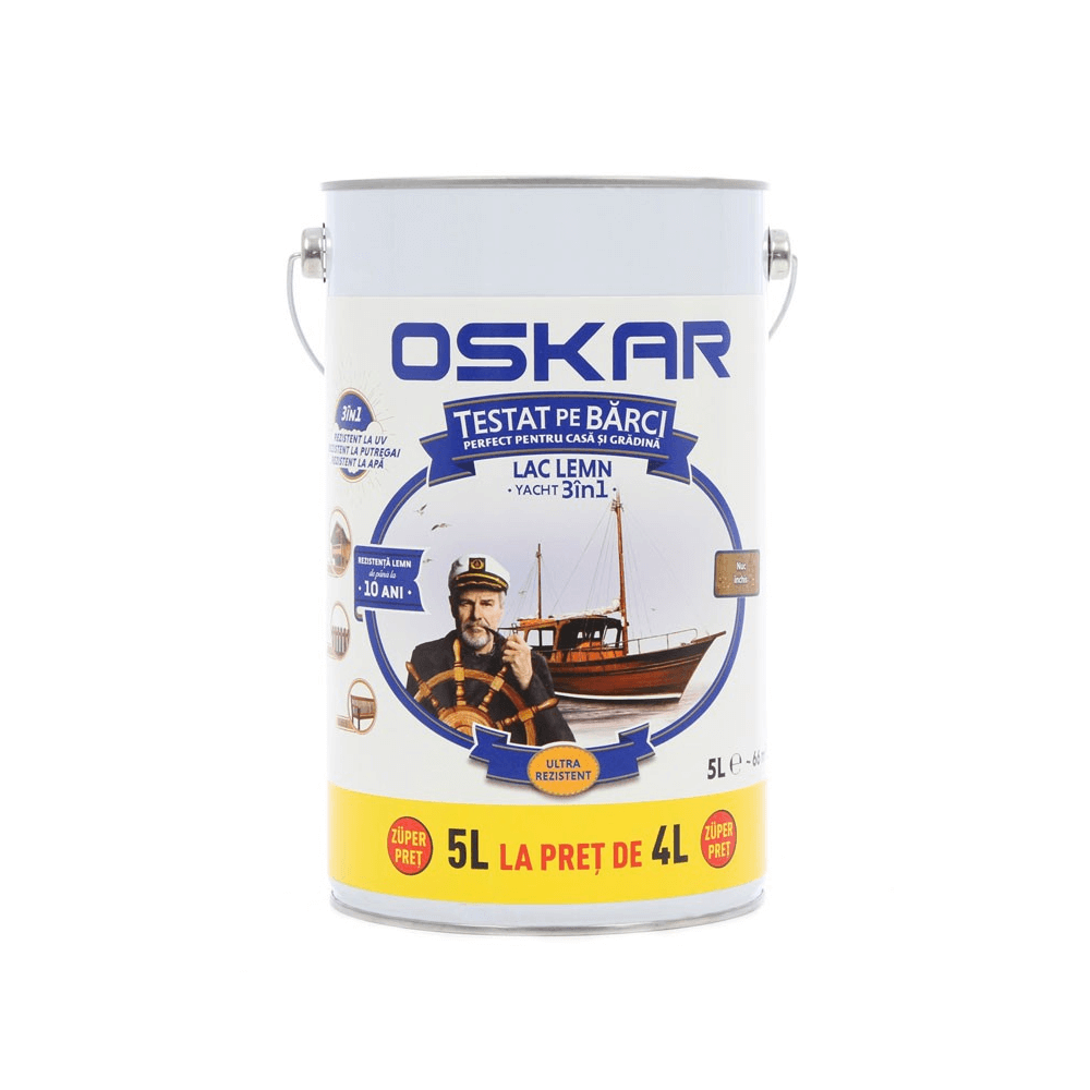 Lac pentru lemn Oskar Yacht 3 in 1, nuc inchis, interior / exterior, 5 l