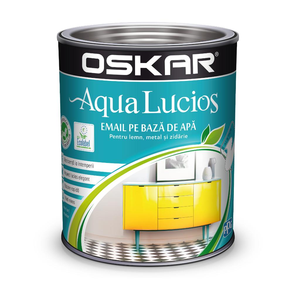 Vopsea Oskar Aqua Lucios, pentru lemn/metal/zidarie, interior/exterior, pe baza de apa, alb pur, 2.5 l