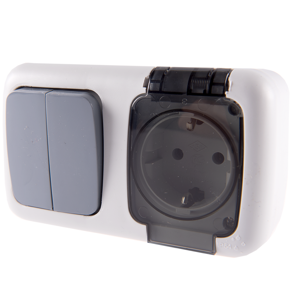 Intrerupator dublu + Priza Elegant, Comtec MF0012-85803, gri, montaj aparent, IP54