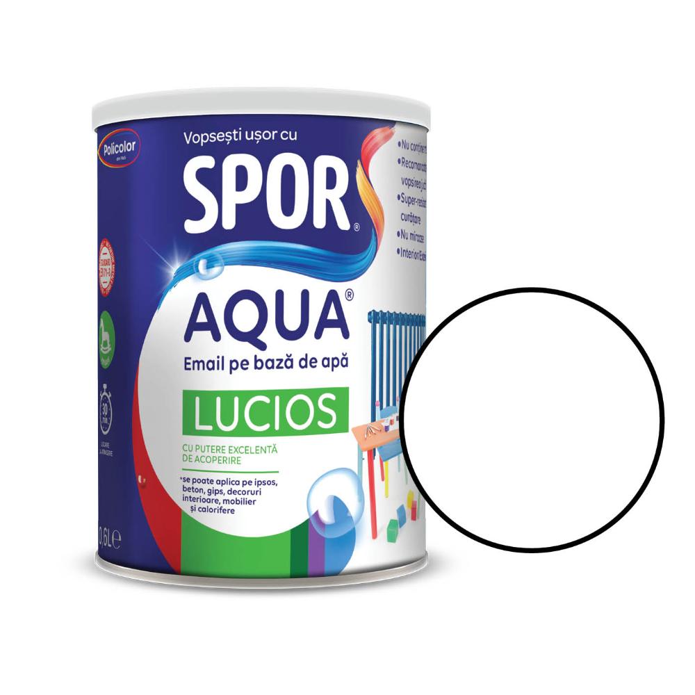 Email lucios Spor Aqua, pentru lemn/metal, interior/exterior, pe baza de apa, alb, 2.5 l