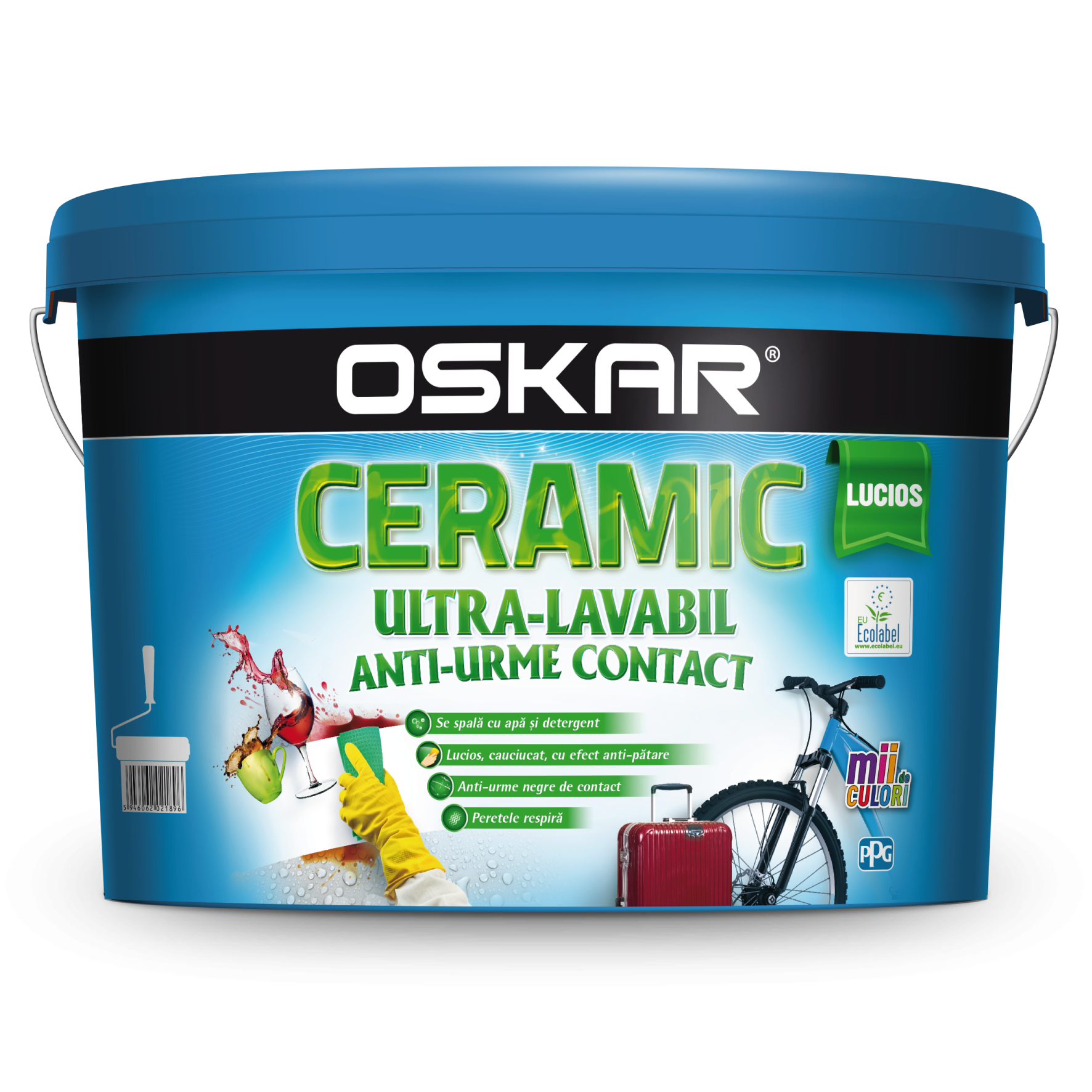 Vopsea ultralavabila interior Oskar ceramic lucios, alb, 8.5 l