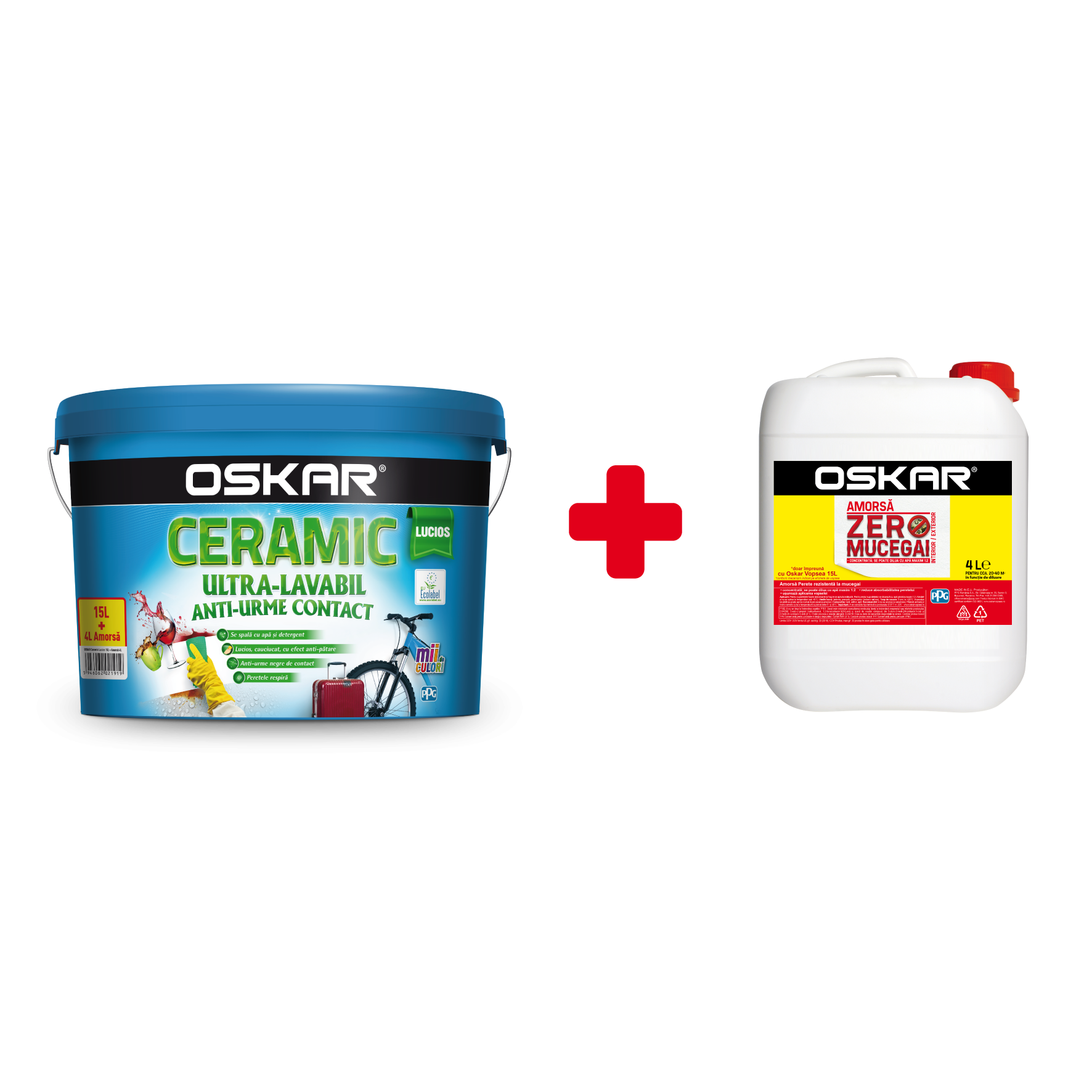 Vopsea ultralavabila interior/exterior Oskar ceramic lucios, alb, 15 l + amorsa Oskar zero mucegai 4 l