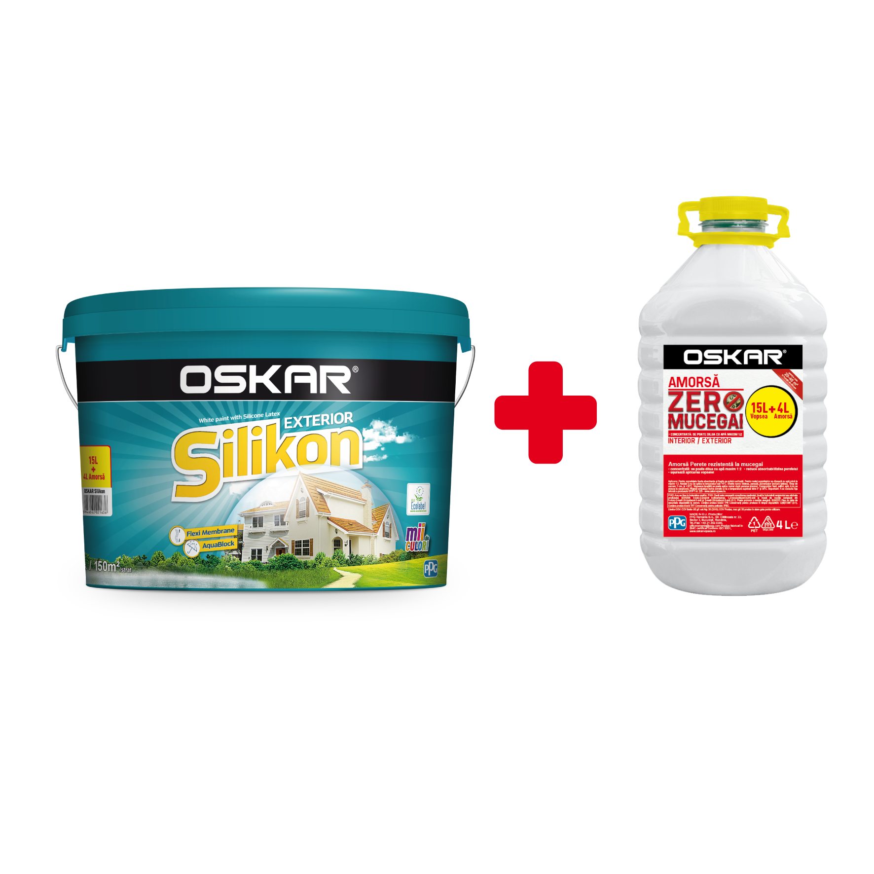 Vopsea lavabila exterior Oskar Silikon, alb, 15 l + Amorsa 4 l