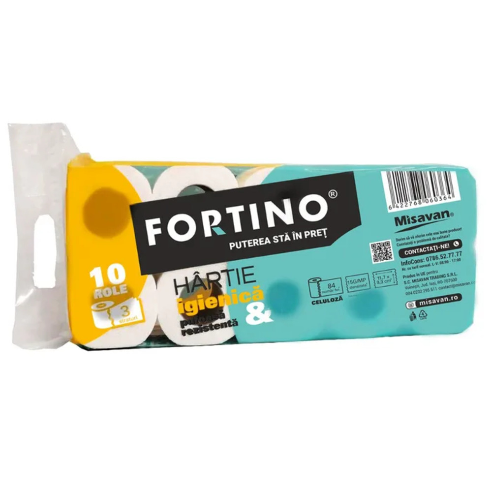 Hartie igienica Fortino, 100% celuloza alb, 3 straturi, 10 role