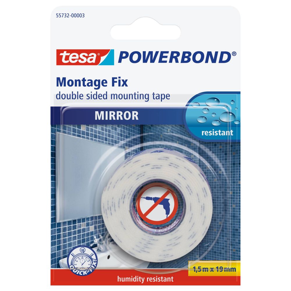 Banda montaj dublu adeziva Tesa Powerbond oglinzi 55732, alba, interior/exterior, 19 mm, 1.5m