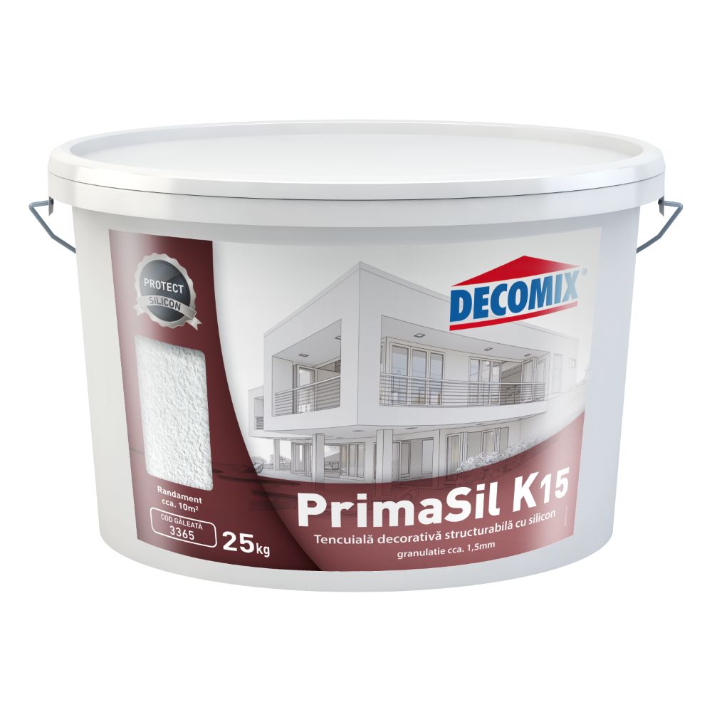 Tencuiala decorativa siliconica Decomix PrimaSil K15, aspect praf de piatra, granulatie 1.5 mm, interior/exterior, alb, 25 kg