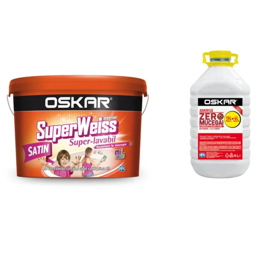 Vopsea Super-Lavabila de interior Oskar SuperWeiss, rezistent la mucegai, alb satin, 15l + 4l Oskar Amorsa Zero Mucegai
