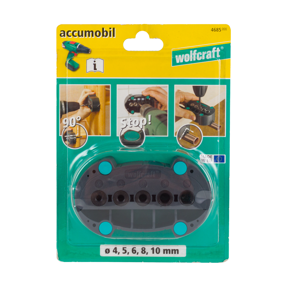 Dispozitiv de ghidare pentru gaurire, Wolfcraft, plastic, 5 bucse de gaurire metalice ø 4, 5, 6, 8, 10 mm