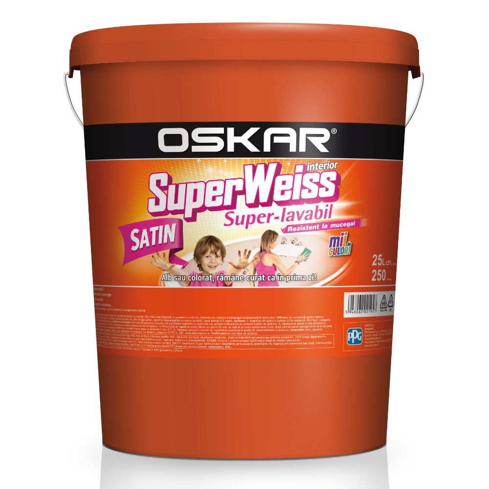 Vopsea Super-Lavabila de interior Oskar SuperWeiss, rezistent la mucegai, alb satin 25l
