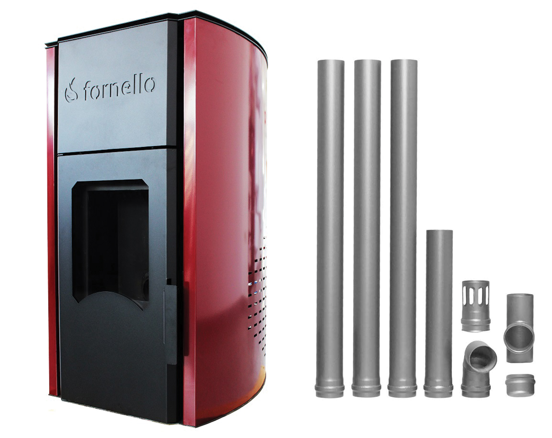 Pachet termosemineu centrala  peleti Fornello Royal 25 kw   complet echipat  pentru  incalzire pompa  vas  expansiune automatizare  telecomanda buncar peleti tiraj fortat Kit de evacuare gaze arse Dn 80 din otel negru