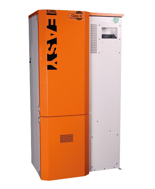 Centrala pe peleti  Fornello Slimpel Easy 25 kw arzator inox sistem curatare arzator pompa de circulatie tiraj fortat 80 mm buncar 135 litri pompa electronica Grundfos sistem curatare mecanica schimbator de caldura A+