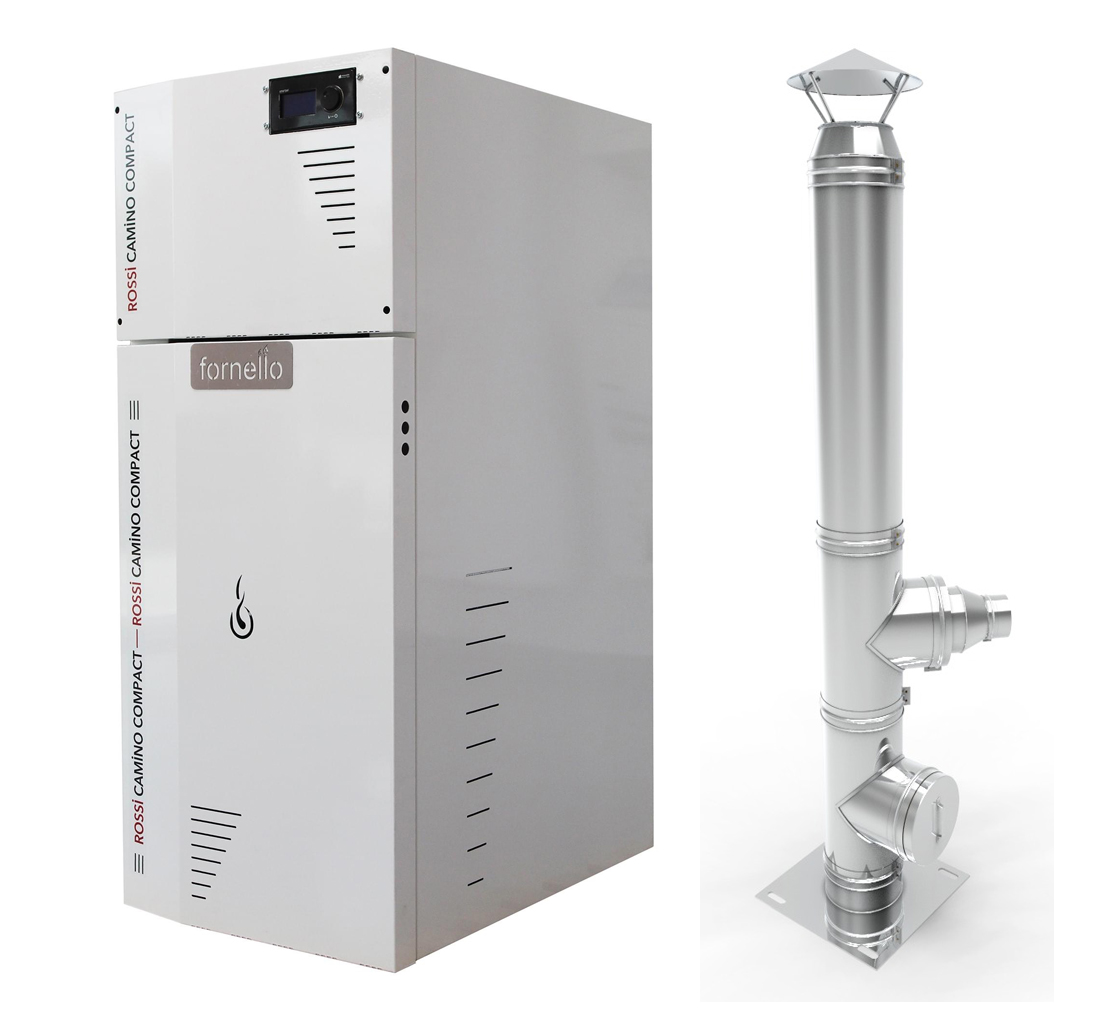 Pachet Centrala termica compacta pe peleti Fornello Rossi Camino Compact 25 kw pompa de circulatie vas expansiune tiraj fortat Ecodesign A+ Cos inox 6 ml 120 mm