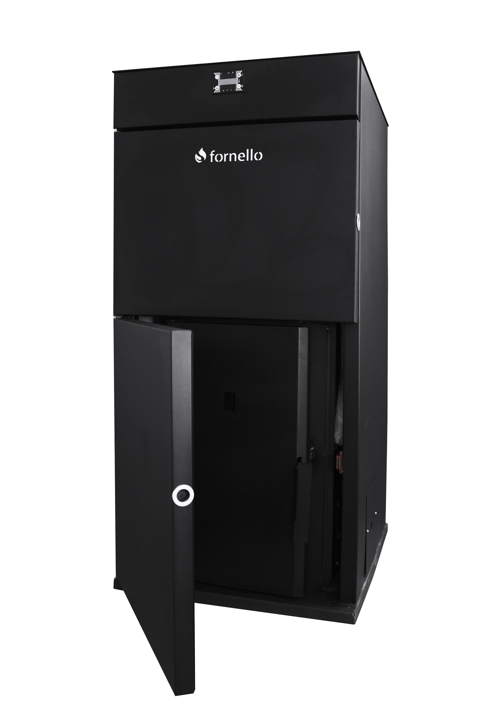 Centrala peleti Fornello Pellet King  30 kw complet echipata pentru  incalzire  pompa circulatie vas  expansiune  automatizare  telecomanda buncar peleti 70 kg  tiraj fortat culoare neagra  aprindere automata curatare facila pana la 200 mp