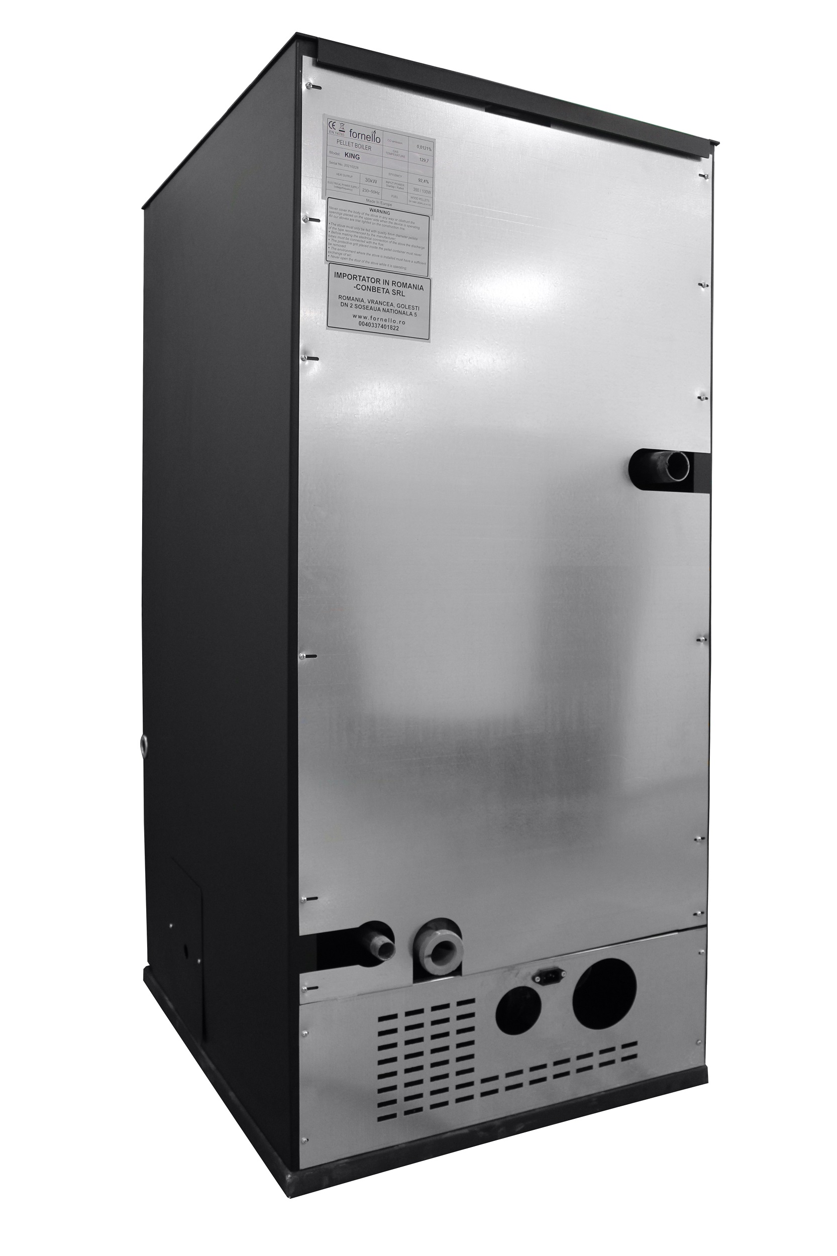 Pachet Centrala peleti Fornello Pellet King 25 kw complet echipata pentru  incalzire  pompa circulatie vas  expansiune  automatizare kit evacuare 3.5 ml Boiler Termoelectric Fornello 100 l Termostat Salus 091FLRFV2 Aspirator si kit montaj