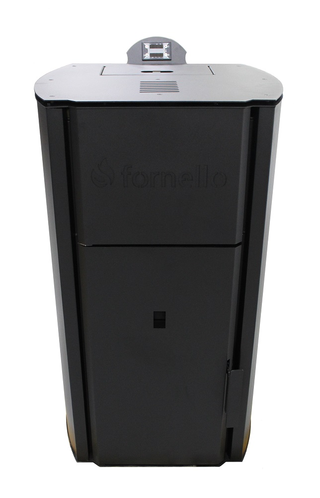 Centrala pe peleti Fornello Royal B BLACK 30 kw complet  echipat cu pompa de circulatie vas expansiune supapa de siguranta  buncar de  peleti 30 kg automatizare culoare  negru pana la 200 mp
