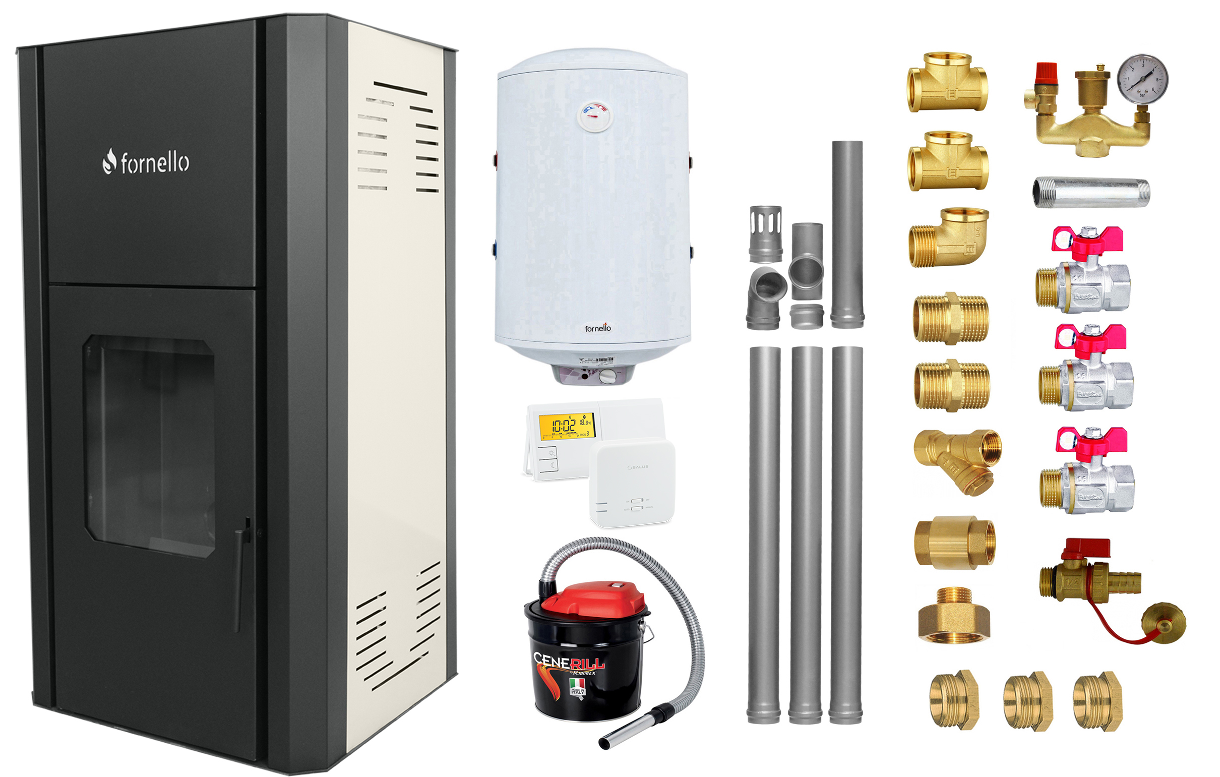 Pachet Termosemineu peleti Fornello Primo Pellet Ivory 30 kw complet echipat pentru incalzire pompa vas expansiune automatizare kit evacuare 3.5 ml Boiler Termoelectric Fornello 100 l Termostat Salus 091FLRFV2 Aspirator si kit montaj