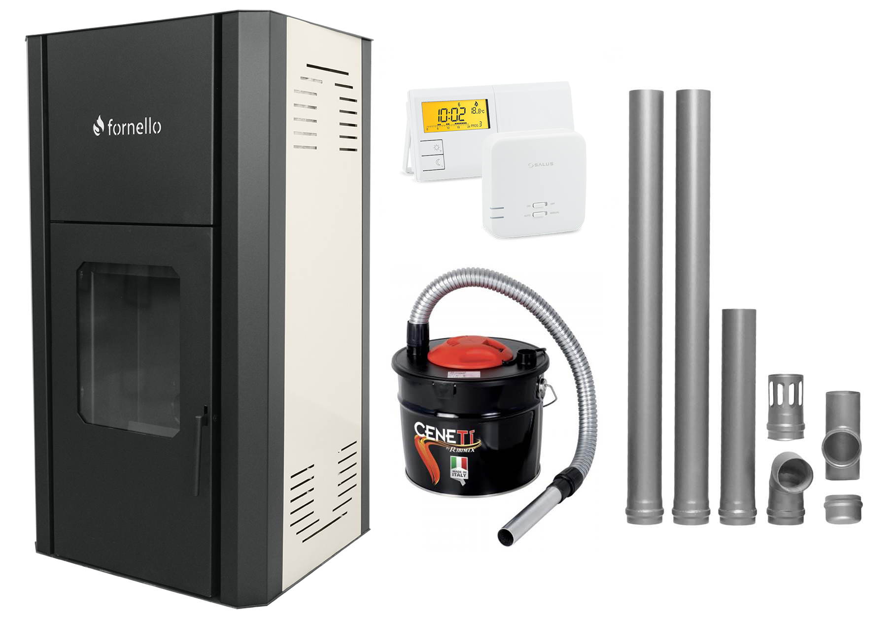 Pachet Termosemineu peleti Fornello Primo Pellet Ivory 25 kw complet echipat pentru  incalzire pompa circulatie vas  expansiune  automatizare kit evacuare 2.5 ml Termostat Salus 091FLRFV2 Aspirator Cenusa