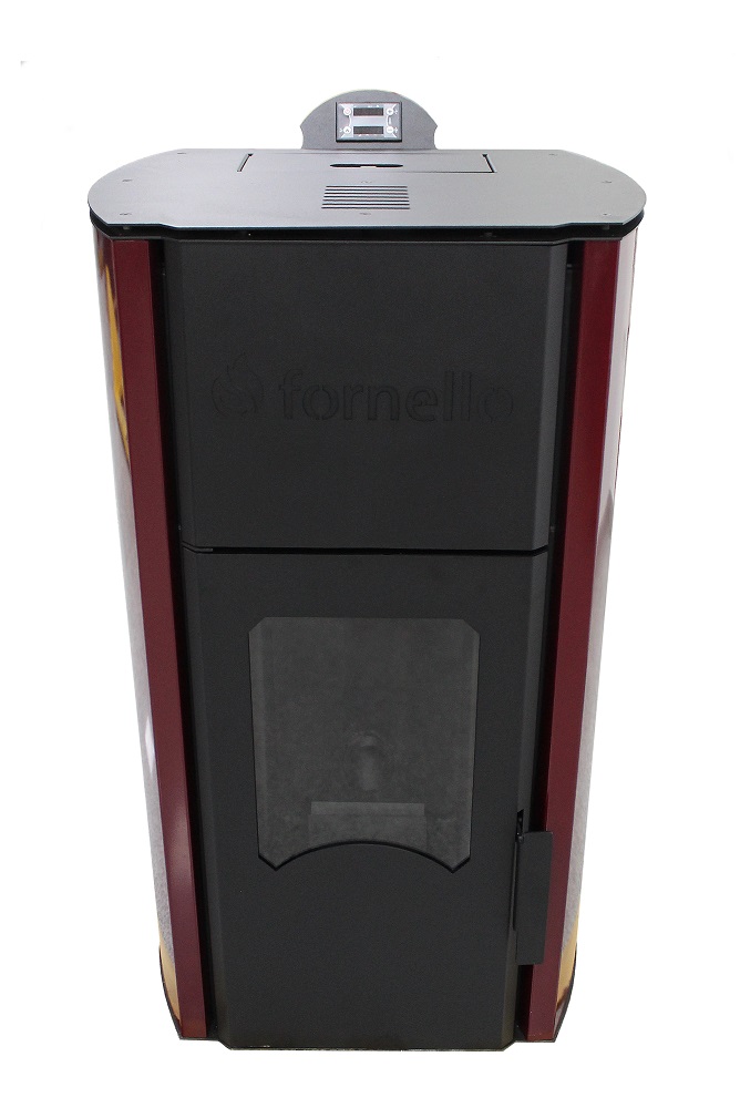 Pachet Termosemineu pe peleti Fornello Royal Bordeaux 25 kW complet echipat cu pompa vas expansiune automatizare culoare grena kit evacuare 2.5 ml Termostat Radio Comanda Salus 091FLRFV2  si Aspirator Cenusa