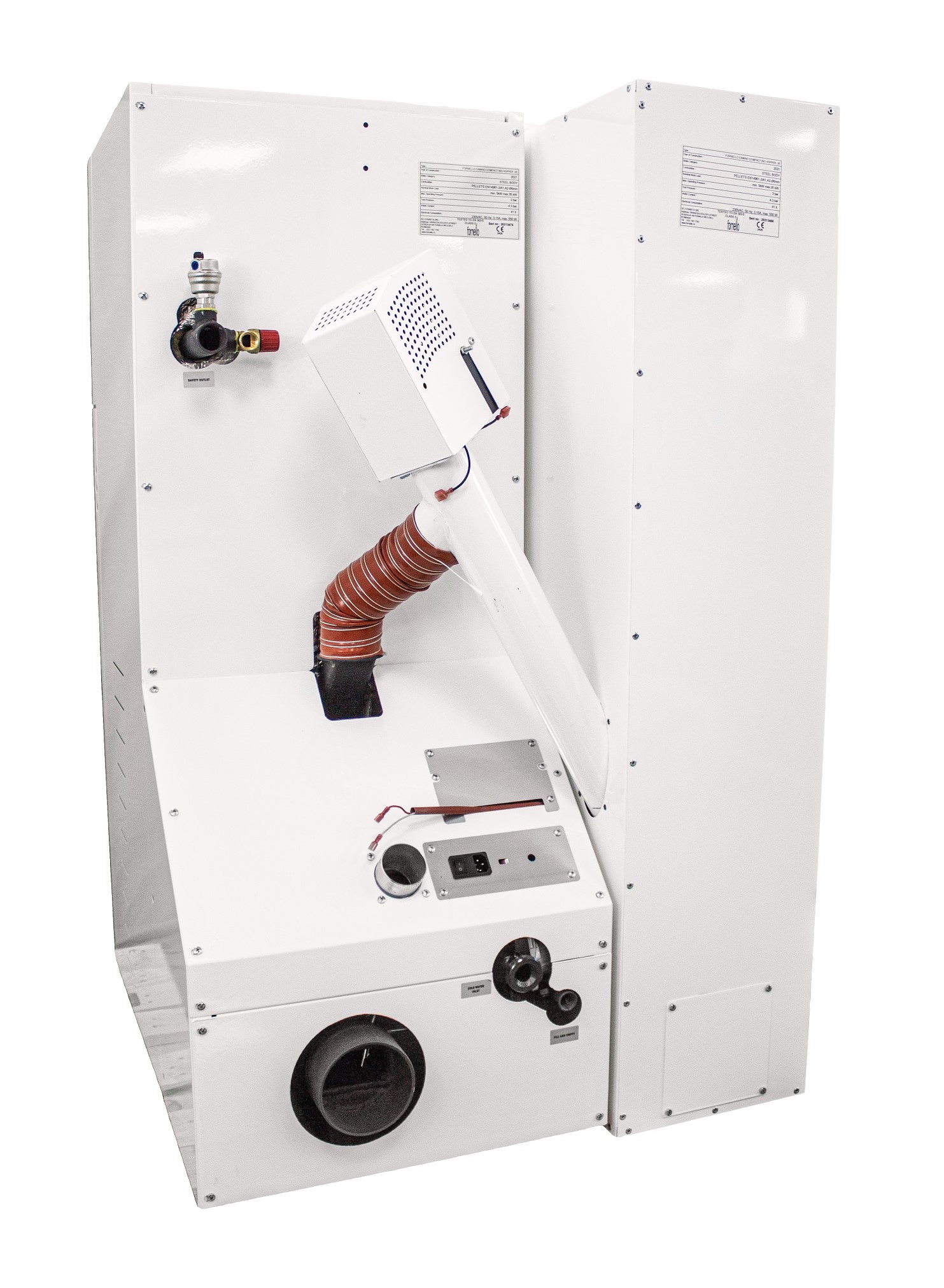 Centrala termica compacta pe peleti Fornello Rossi Camino Compact 35 kw pompa de circulatie vas expansiune tiraj fortat curatare manuala a arzatorului si a drumurilor de fum Ecodesign A+ cu rezervor 153 l