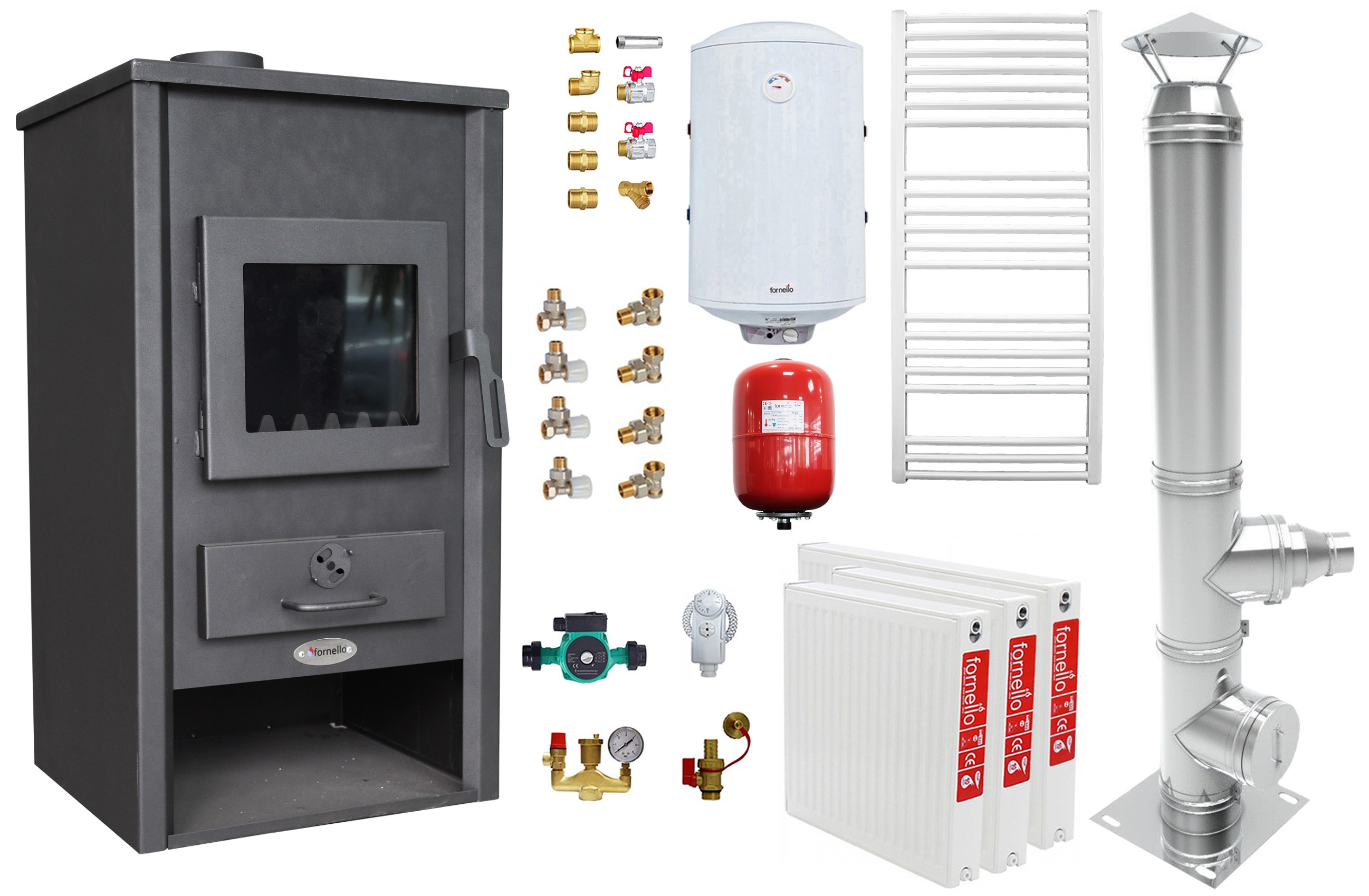 Pachet incalzire si apa calda pentru 2 camere Termosemineu pe lemne brichete si carbune Fornello B2E 14 kW 46x45x91 cm cos inox boiler termoelectric 80l vas expansiune pompa circulatie calorifere si kit montaj