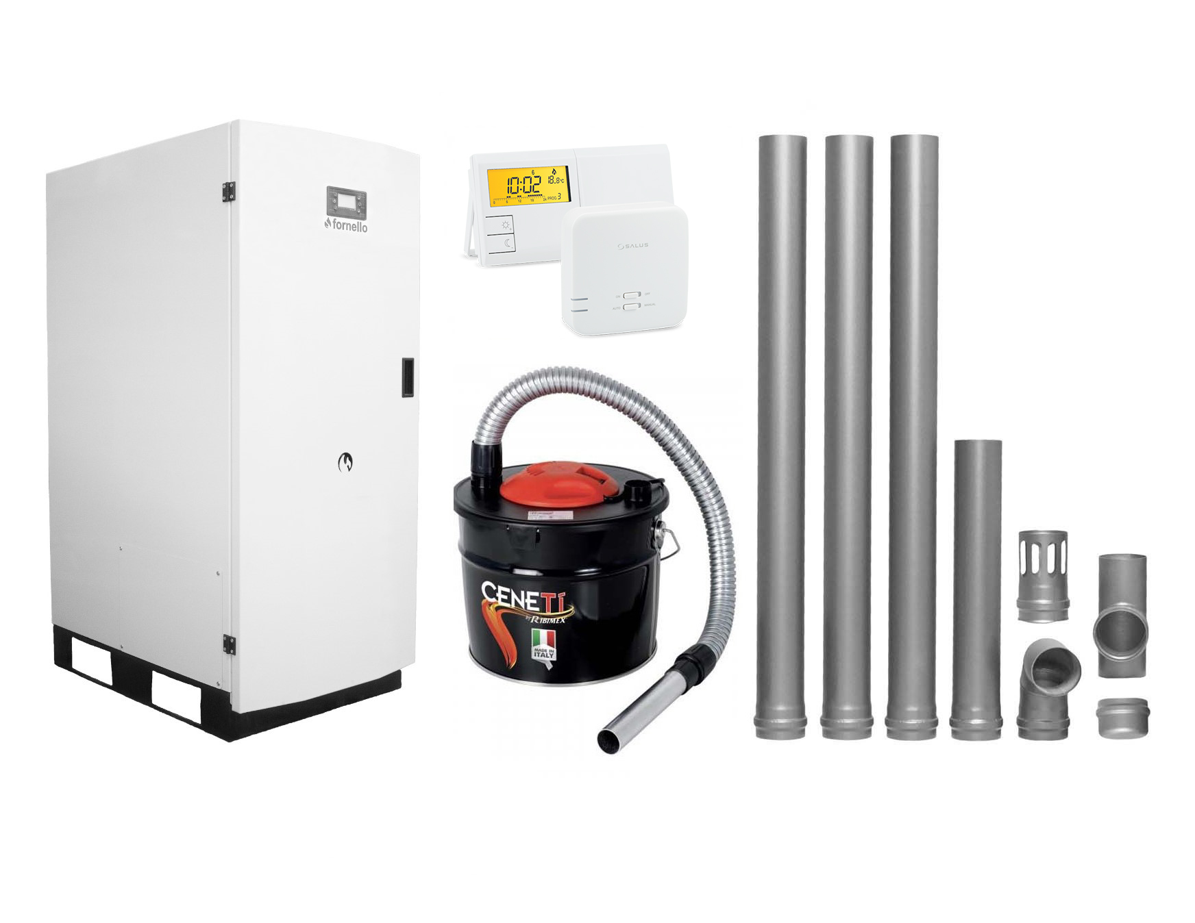 Centrala termica pe peleti Fornello GT 25 Standard echipata cu pompa circulatie vas expansiune manometru kit evacuare 3.5 ml Termostat Salus 091FLRFV2 si Aspirator Cenusa