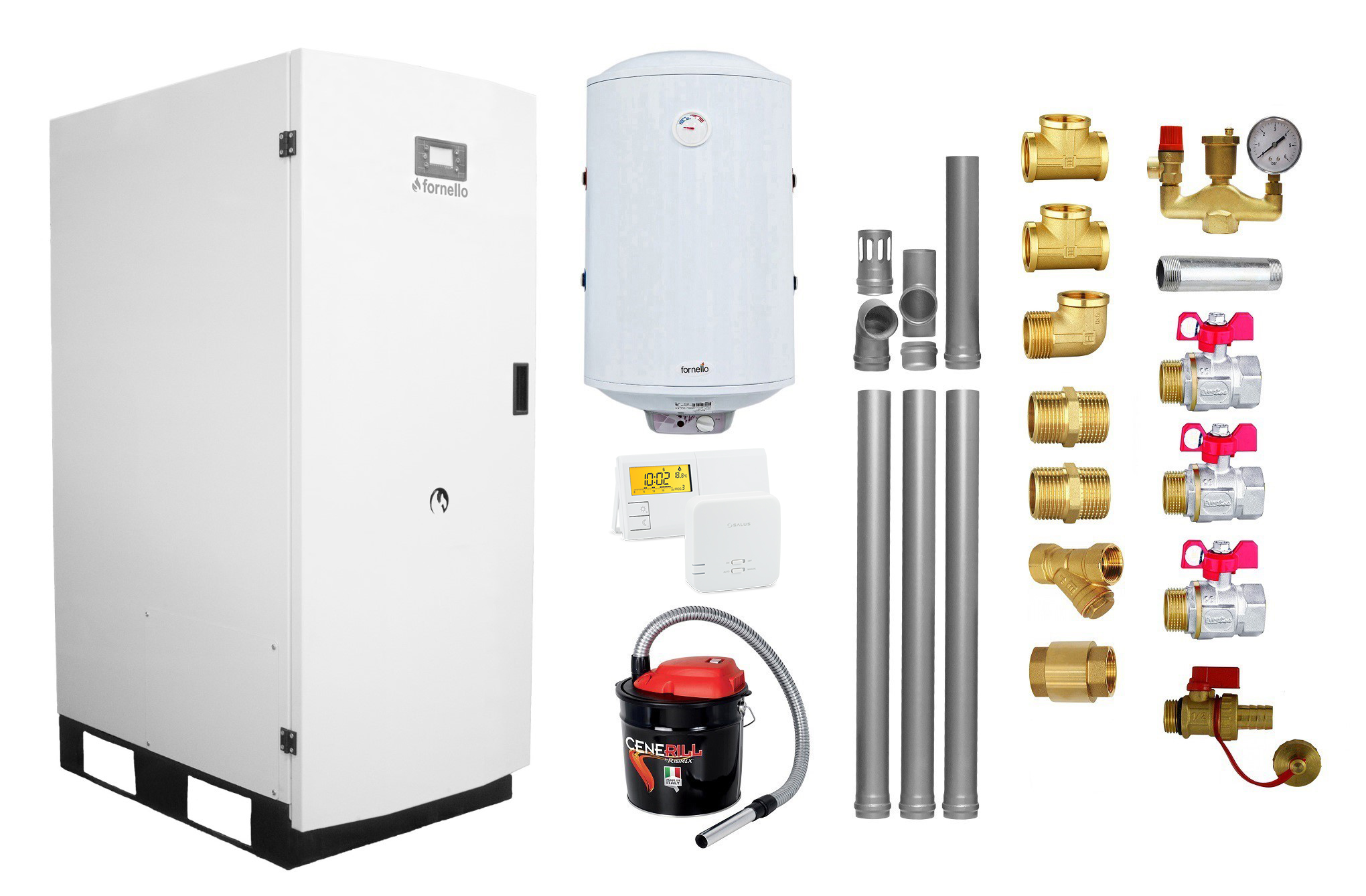 Centrala termica pe peleti Fornello GT 25 Standard echipata cu pompa circulatie vas expansiune manometru boiler fornello 100 l kit evacuare 3.5 ml Termostat Salus 091FLRFV2 si Aspirator Cenusa fitinguri