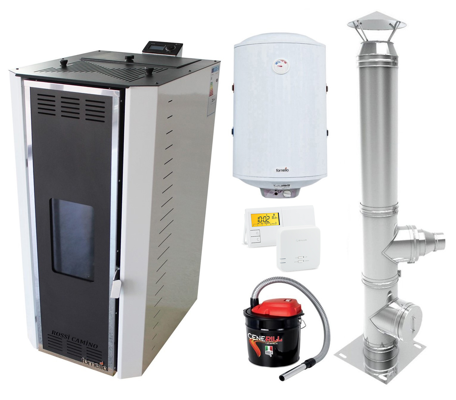 Pachet Termosemineu pe peleti Fornello Camino Rossi 35 kW pompa Grundfos vas expansiune arzator inox Boiler Fornello Termoelectric 100 l termostat aspirator cenusa si cos inox 4 ml