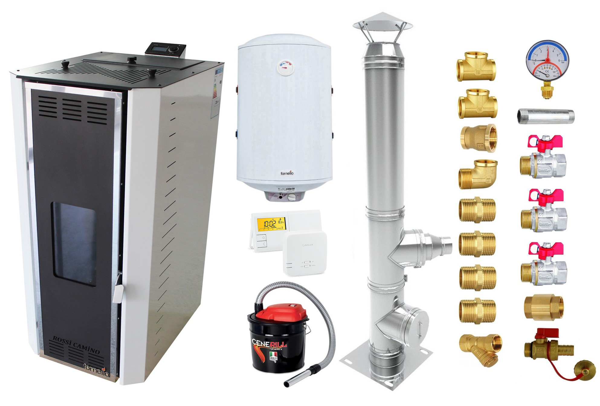 Pachet Termosemineu pe peleti Fornello Camino Rossi 35 kW pompa Grundfos vas expansiune arzator inox Boiler Fornello Termoelectric 100 l termostat aspirator cenusa cos inox 4 ml si fitinguri montaj