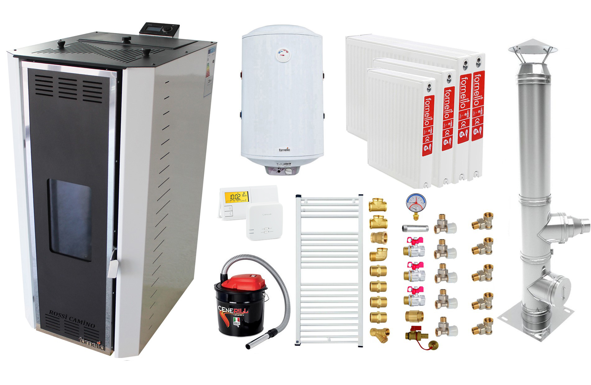Pachet Termosemineu pe peleti Fornello Camino Rossi 35 kW pompa Grundfos vas expansiune arzator inox Boiler Fornello Termoelectric 100 l termostat aspirator cenusa cos inox 4 ml calorifere si fitinguri montaj