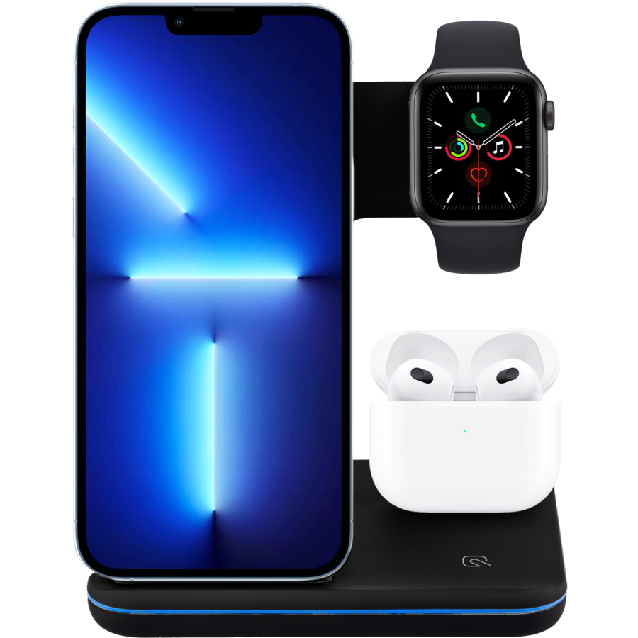Incarcator wireless NEX TECH® Qi Fast Charger 15W tip Statie de Incarcare 3 in 1, pentru Telefon, Casti, Apple Watch, Incarcare Rapida, Negru