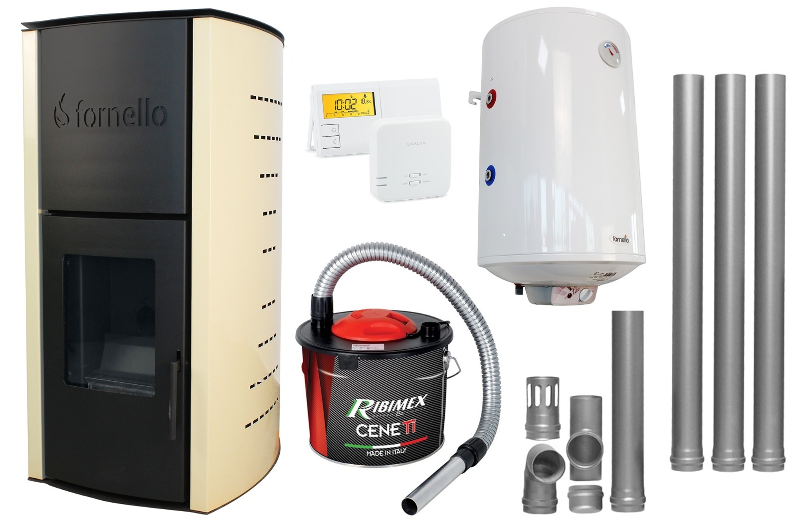 Pachet Termosemineu pe peleti Fornello Michelle 12 kW echipat cu pompa vas expansiune automatizare Boiler kit evacuare 3.5 ml Aspirator Cenusa si Termostat Salus 091FLRFV2