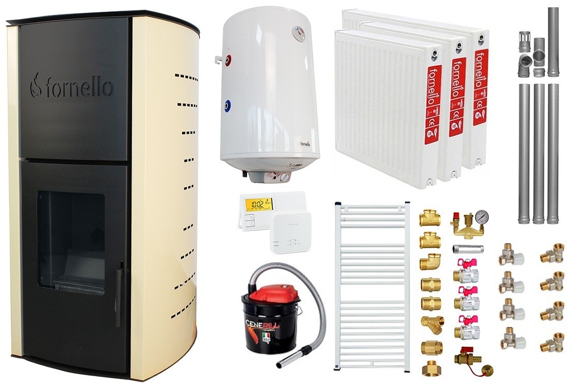 Pachet Termosemineu pe peleti Fornello Michelle 12 kW echipat cu pompa vas expansiune automatizare Boiler kit evacuare 3.5 ml Aspirator Cenusa Termostat Salus 091FLRFV2 Calorifere si Fitinguri