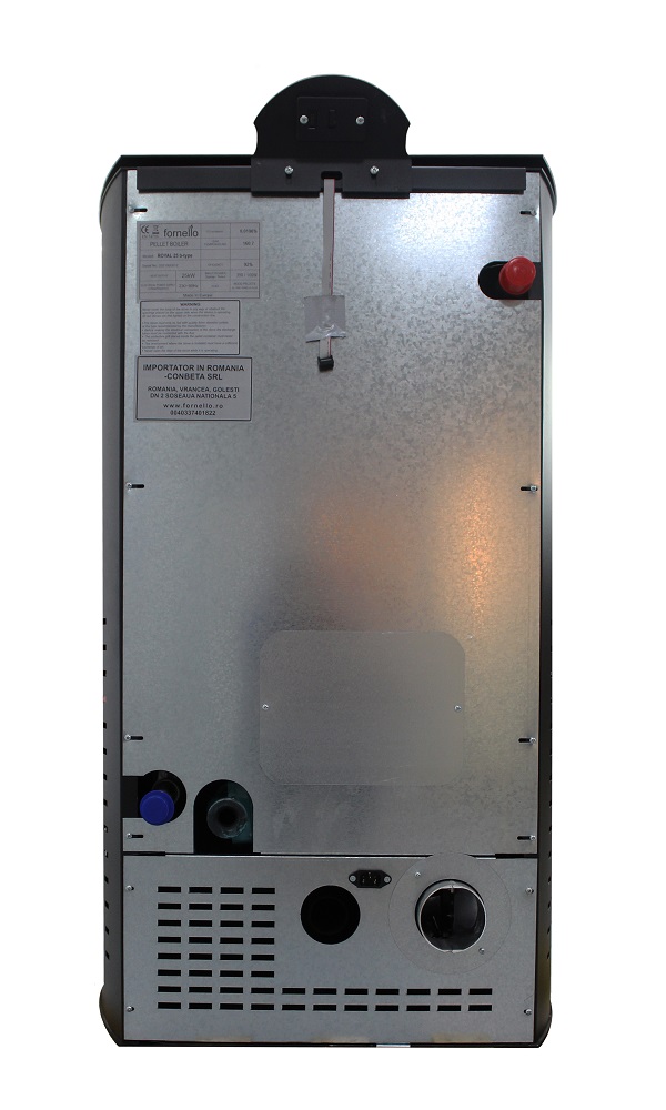 Pachet Centrala peleti Fornello Royal B 25 kw complet echipata pentru  incalzire  pompa circulatie vas  expansiune  automatizare kit evacuare 3.5 ml Boiler Termoelectric Fornello 100 l Termostat Salus 091FLRFV2 Aspirator si kit montaj