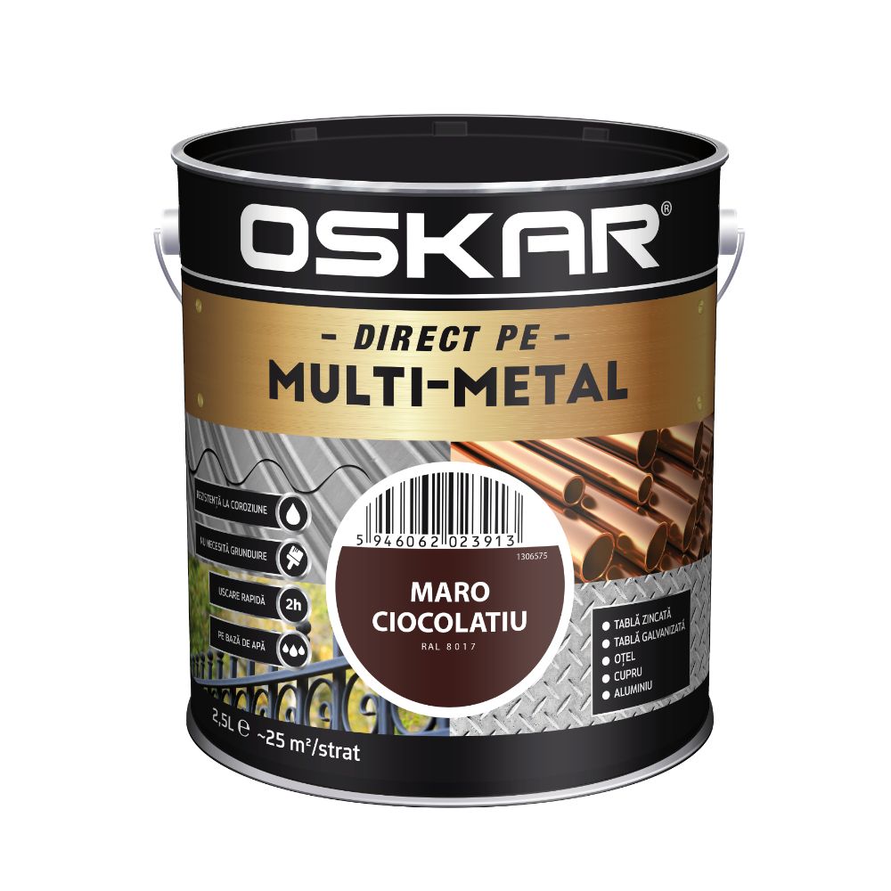 Vopsea email Oskar Direct pe Multimetal, exterior, pe baza de apa, maro ciocolatiu RAL 8017, 2.5 l