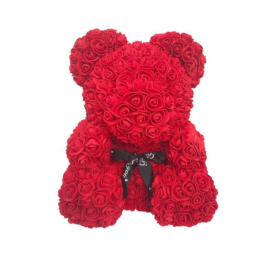 Ursulet din trandafiri de spuma, in cutie cadou cu funda, 40 cm (Culoare bijuterii: Rosu)