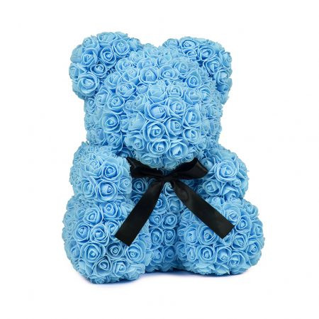 Ursulet din trandafiri de spuma, in cutie cadou cu funda, 40 cm (Culoare bijuterii: Albastru)