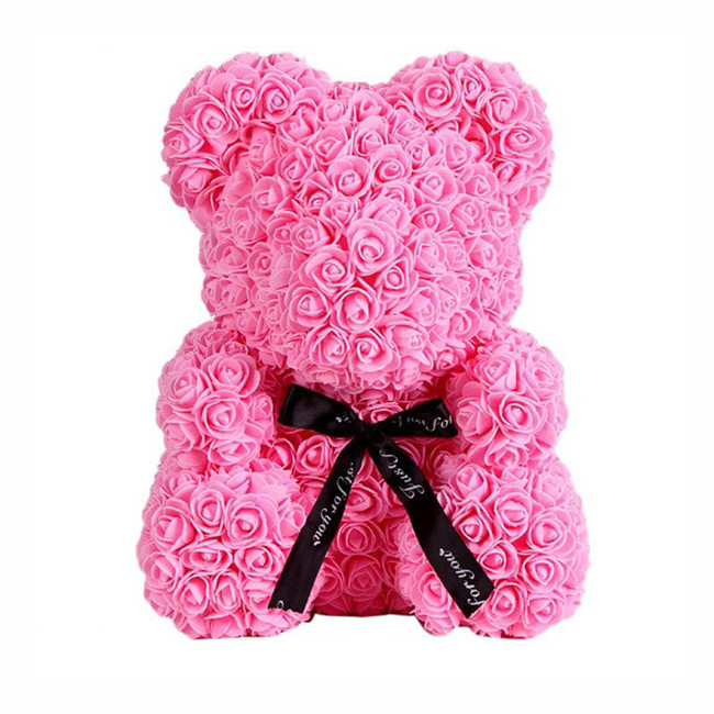 Ursulet din trandafiri de spuma, in cutie cadou cu funda, 40 cm (Culoare bijuterii: Pink)