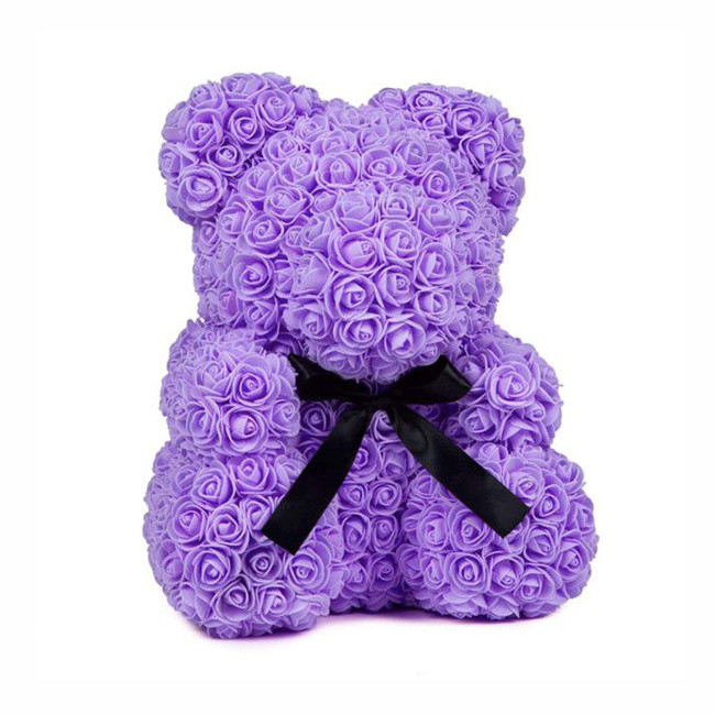 Ursulet din trandafiri de spuma, in cutie cadou cu funda, 40 cm (Culoare bijuterii: Mov)