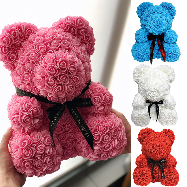 Ursulet din trandafiri de spuma, in cutie cadou cu funda, 40 cm (Culoare bijuterii: Multicolor)
