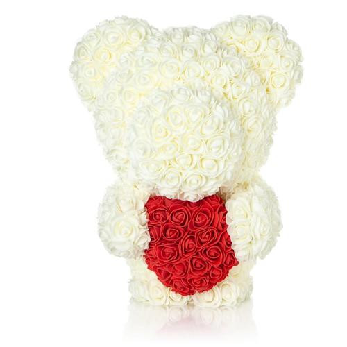 Ursulet din trandafiri albi de sapun cu inima rosie, in cutie cadou cu funda, 55 cm (Culoare bijuterii: White)