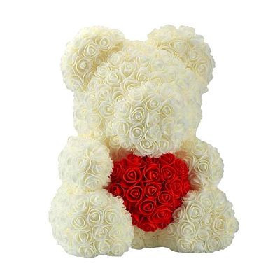 Ursulet trandafiri de spuma cu inima, in cutie cadou cu funda, 40 cm (Culoare bijuterii: bordo)