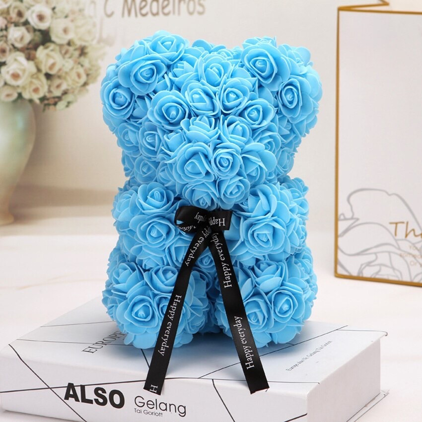 Ursulet floral din Trandafiri de spuma 25 cm, cu funda, in cutie cadou (Culoare bijuterii: Turquoise)