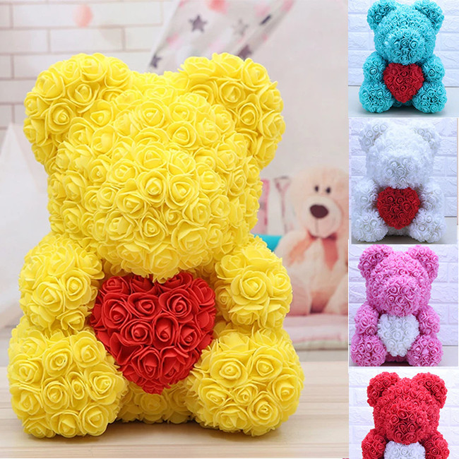 Ursulet Rose Bear din Trandafiri de spuma cu inima, in cutie cu funda, 40 cm (Culoare bijuterii: Gri)