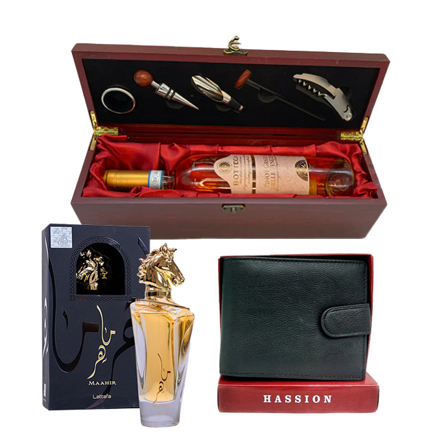 Set cadou, Cutie din lemn cu 5 accesorii si Vin Bottega Pinot Grigio Rose DOC 750 ml, Parfum Lattafa Maahir 100 ml, Portofel de piele (TIP PRODUS: Set)