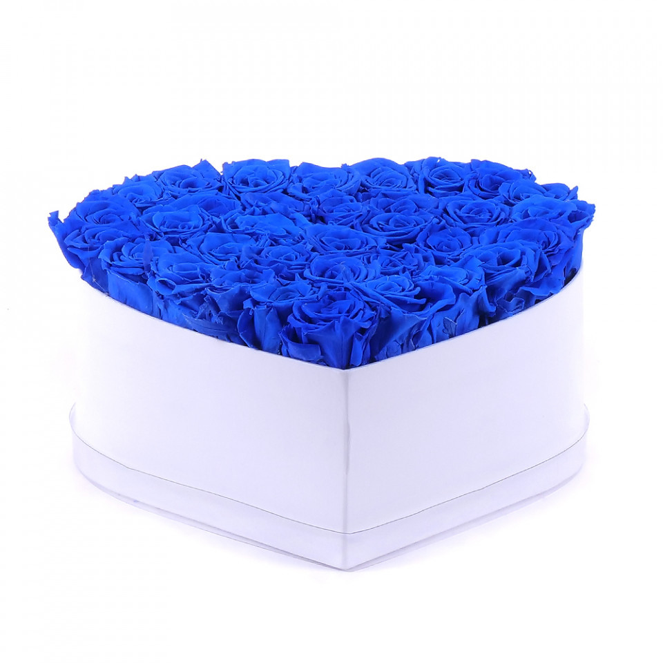 Aranjament floral Desire cutie inima cu 41 trandafiri de sapun, albastru (TIP PRODUS: Aranjament floral)