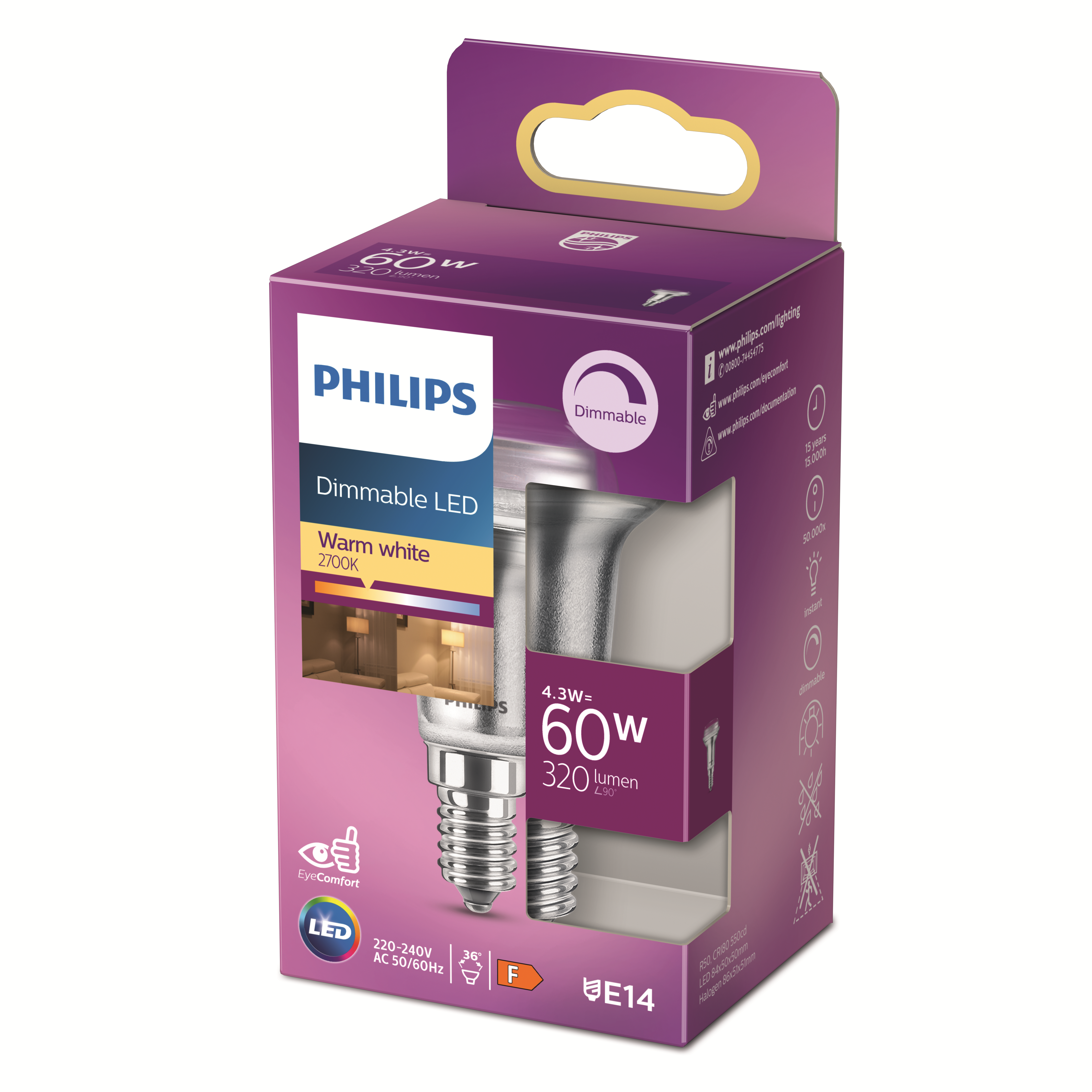 Bec LED Philips, E14, 60 W,  320 lm, alba calda, 2700 K