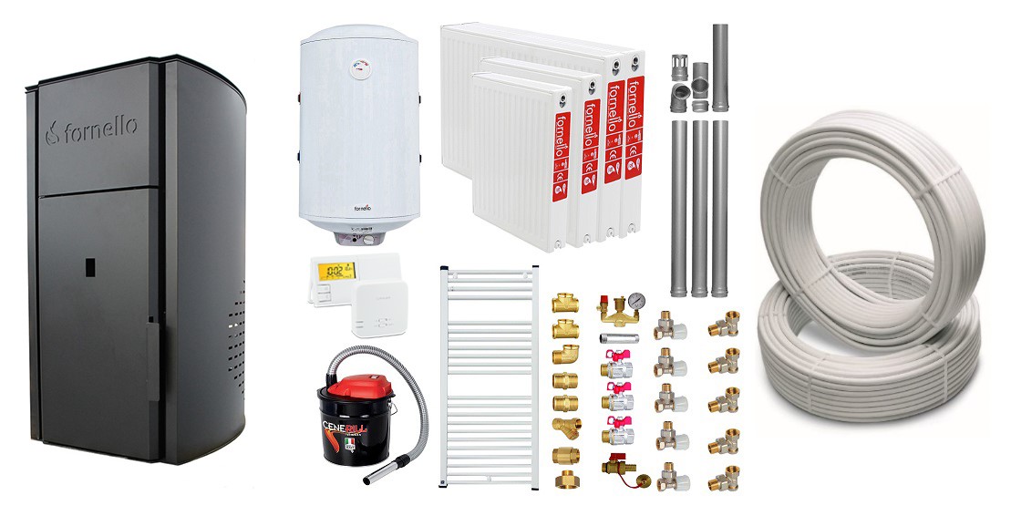 Pachet Centrala peleti Fornello Royal B 25 kw complet echipata pentru  incalzire  pompa circulatie teava hidronix vas  expansiune  automatizare kit evacuare 3.5 ml Boiler Termoelectric Fornello 100 l Termostat Salus 091FLRFV2 Aspirator Radi