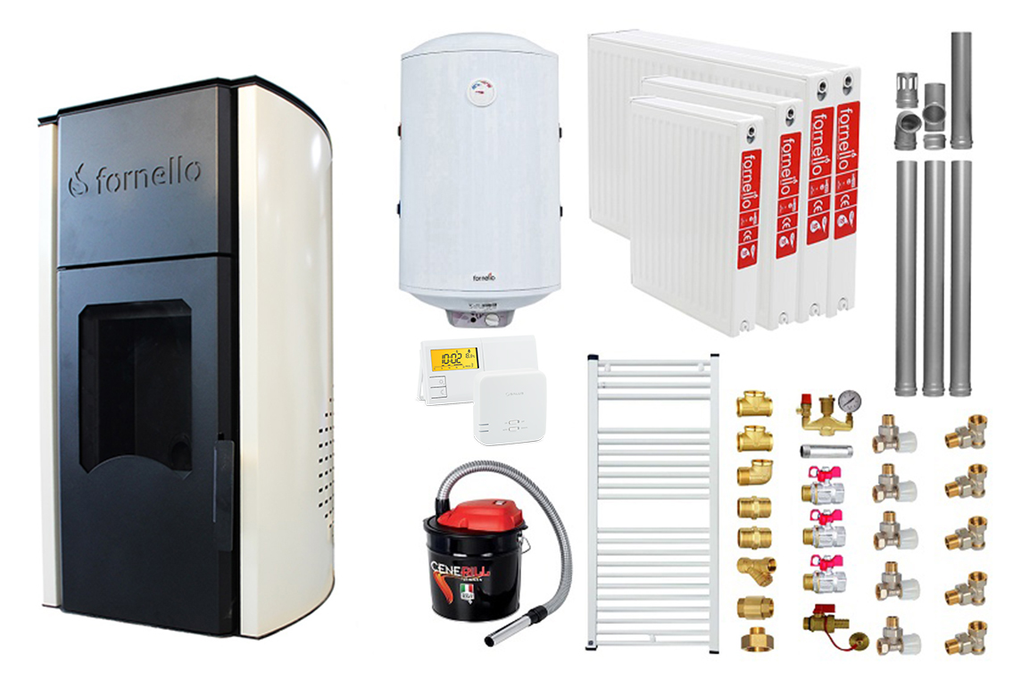 Pachet Termosemineu peleti Fornello Royal Ivory 25 kw complet echipat pompa circulatie vas expansiune automatizare kit evacuare 3.5 ml Boiler Termoelectric Fornello 100 l Termostat Salus 091FLRFV2 Aspirator Calorifere si kit montaj